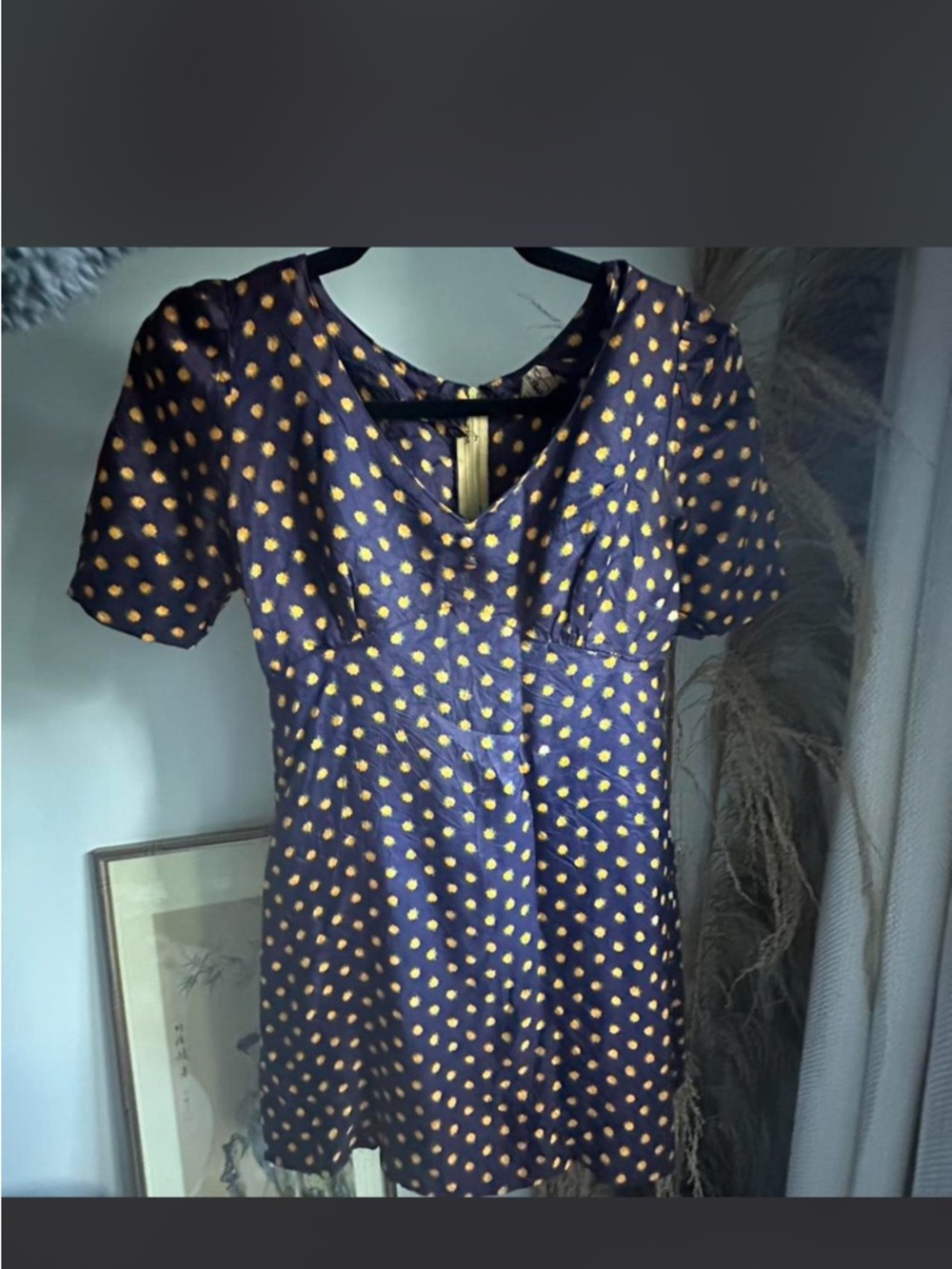 Vintage 70s  Navy Blue Short Sleeve Polka Dot Dress with yellow flowers